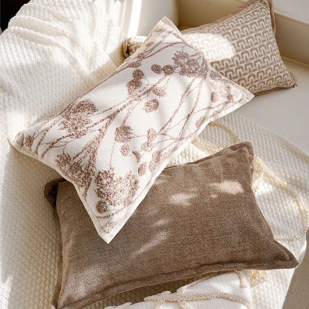 Brown Creamy Style Chenille Living Room Bedside Car Sofa Office Plant Flower Patterns Headboard Cushion Pillow