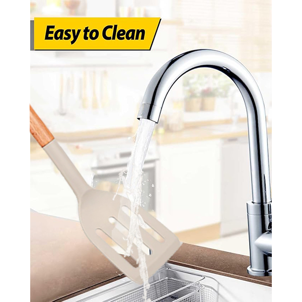 Heat Resistant Silicone Large Cooking Slotted Turner with Wooden Handle