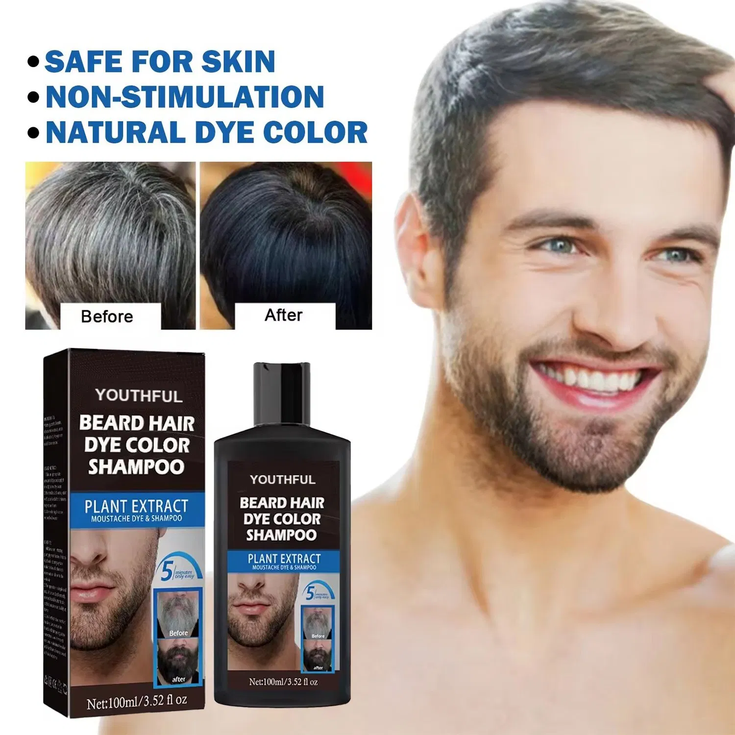 Easy Use Men's Moustache Beard Hair Dye Color Black Shampoo