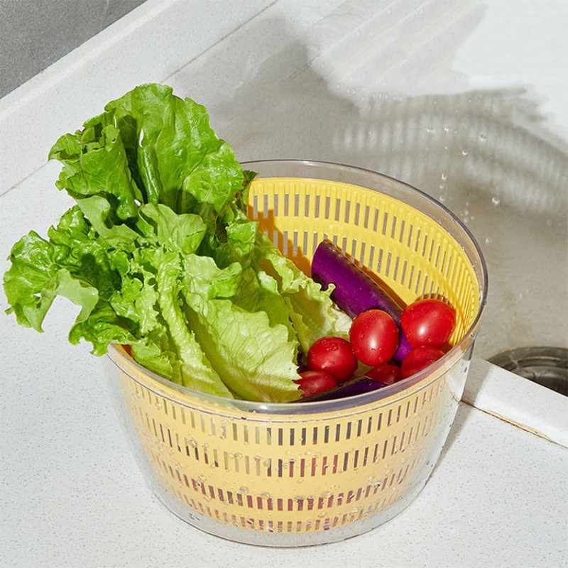 Compact Plastic Salad Spinner with Drain Handle Easy to Use Vegetable Washer for Small Kitchens