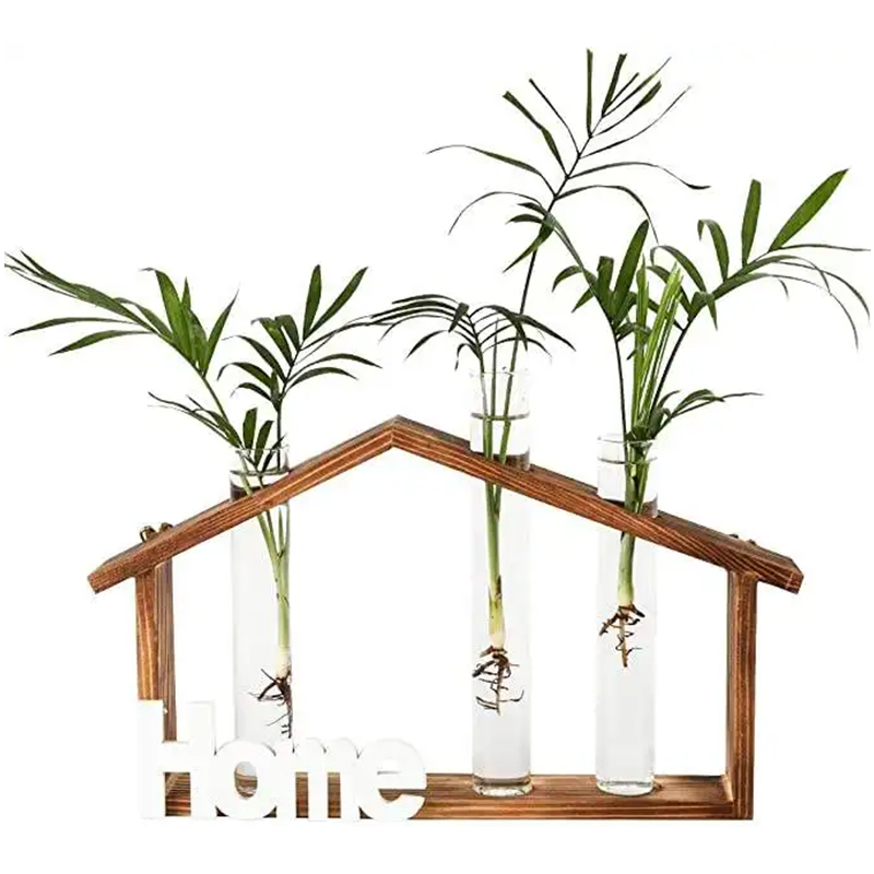 Wooden Stand Wall Hanging Planters with 3 Hydroponic Plant Glass Vase for Home Office