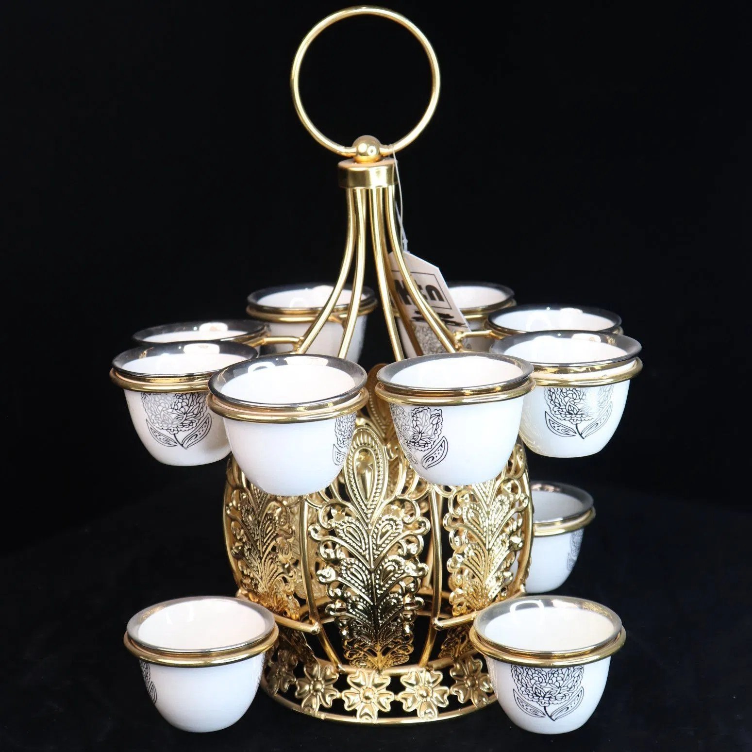 Decorative Gold-Plated Iron Frame with 12 Ceramic Tea Cup Ornaments Set