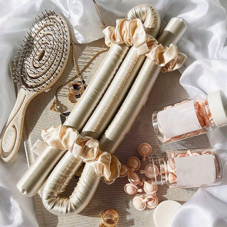 Custom Logo Box White No Heat Silk Hair Roller Sleeping Heartless Curling Rod Headband Heatless Hair Curler Scrunchies Set