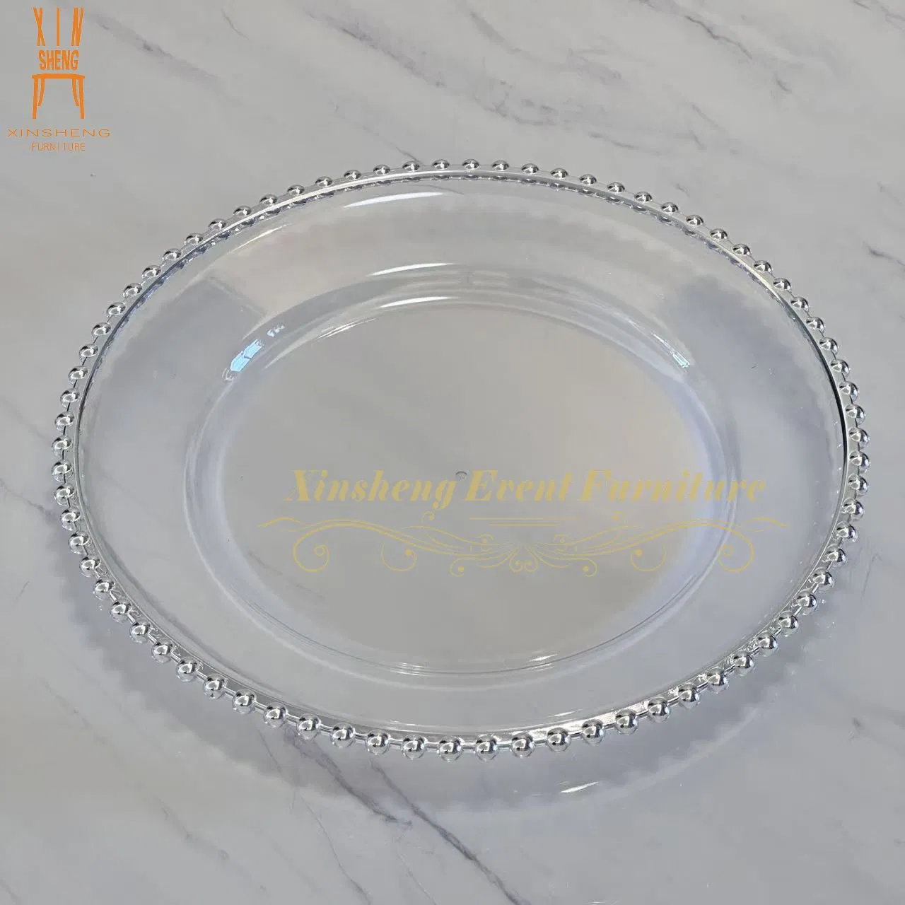 Modern Design Wholesale 13 Inch 33cm Plastic Round Gold Beaded Clear Charger Plates for Wedding Restaurant Hotel Banquet