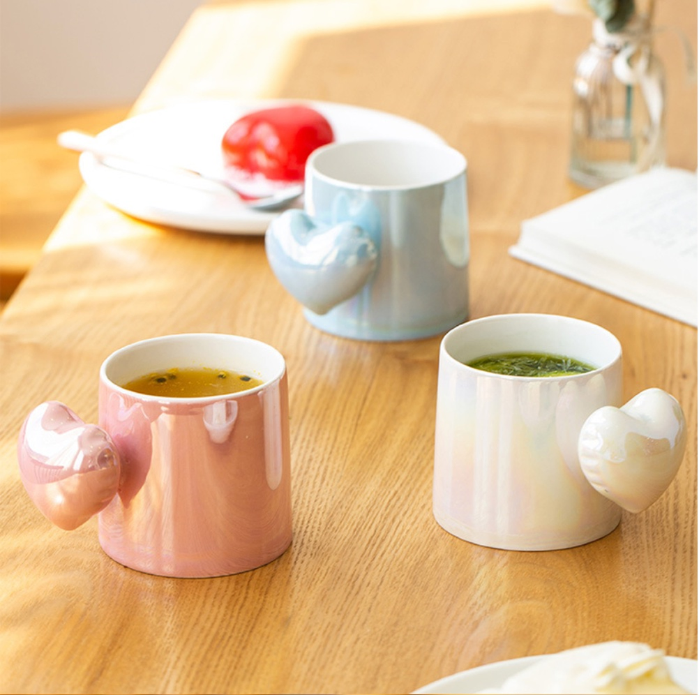 High Quality Creative Heart Shaped Handle Ceramic Mug Pearl Powder Cup