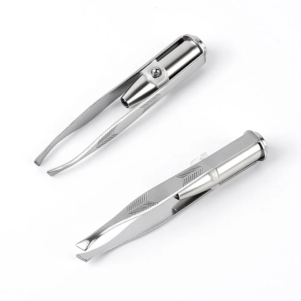 Stainless Steel Eyelash Clipper Beauty Makeup Tool Slanted Tip Lashes Eyebrow Tweezers with LED Light