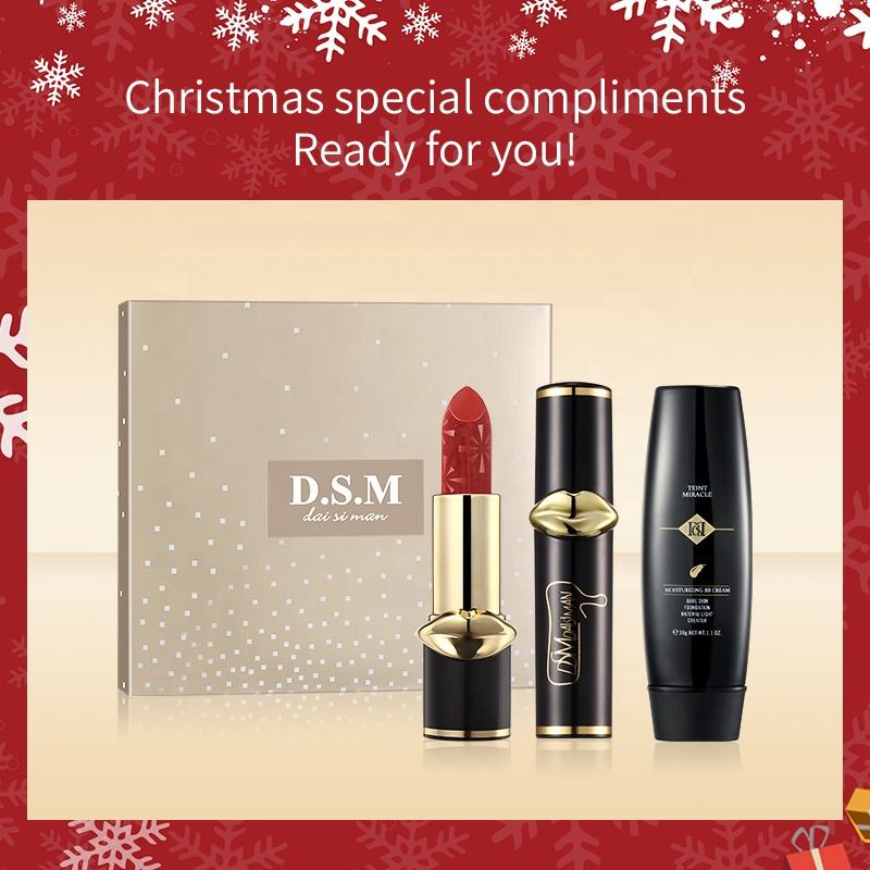 Dsm 3PCS/Set Bb Cream Lip Gloss Long-Lasting Colorful Christmas Makeup Set