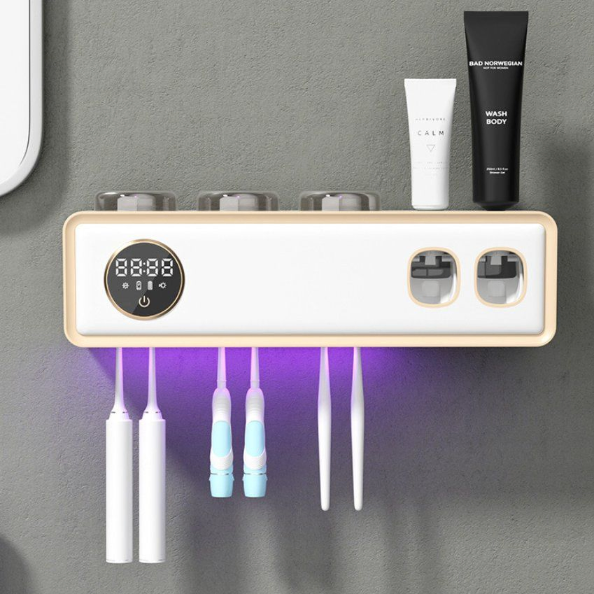 OEM Wall Mounted Sterilization and Drying Toothbrush Holder Bathroom Household UV Disinfection Cordless Sterilizer Storage Double Squeeze Toothpaste Dispenser