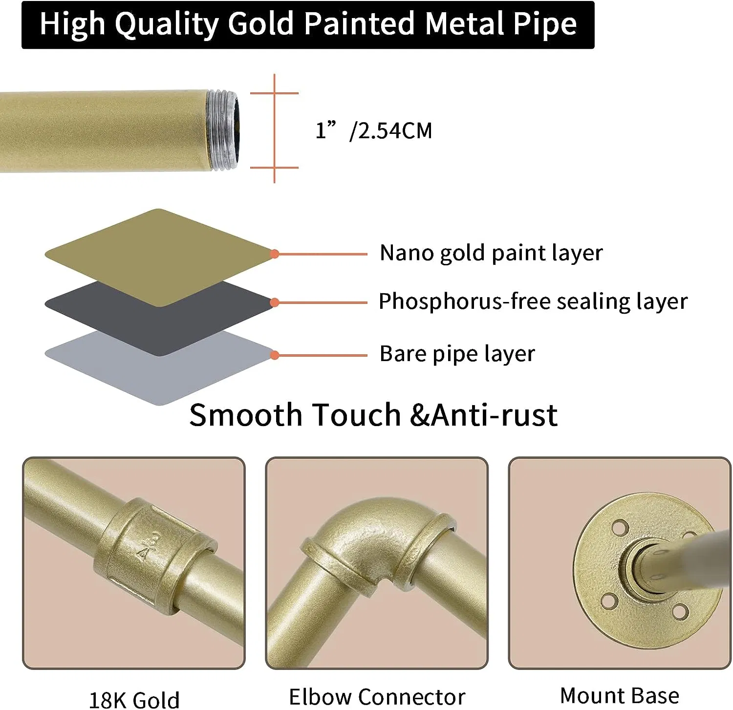 72inch Gold Wall Mounted Clothes Rack Industrial Pipe Garment Rack Hanging Rod Bar for Closet Storage