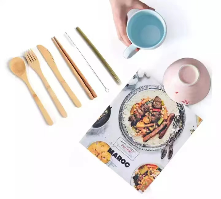 Wholesale Canvas Bag Knife Fork Spoon and Bamboo 6 Tableware Set