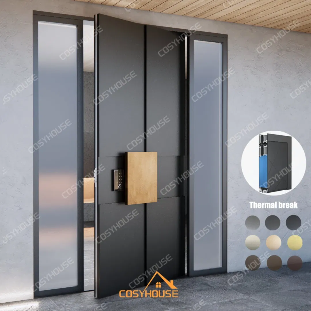 Modern Exterior Door with Side Windows and Glass Insert for Villa Apartment Main Entrance - Aluminum Alloy Frame Thermal Insulation Anti-Theft Design