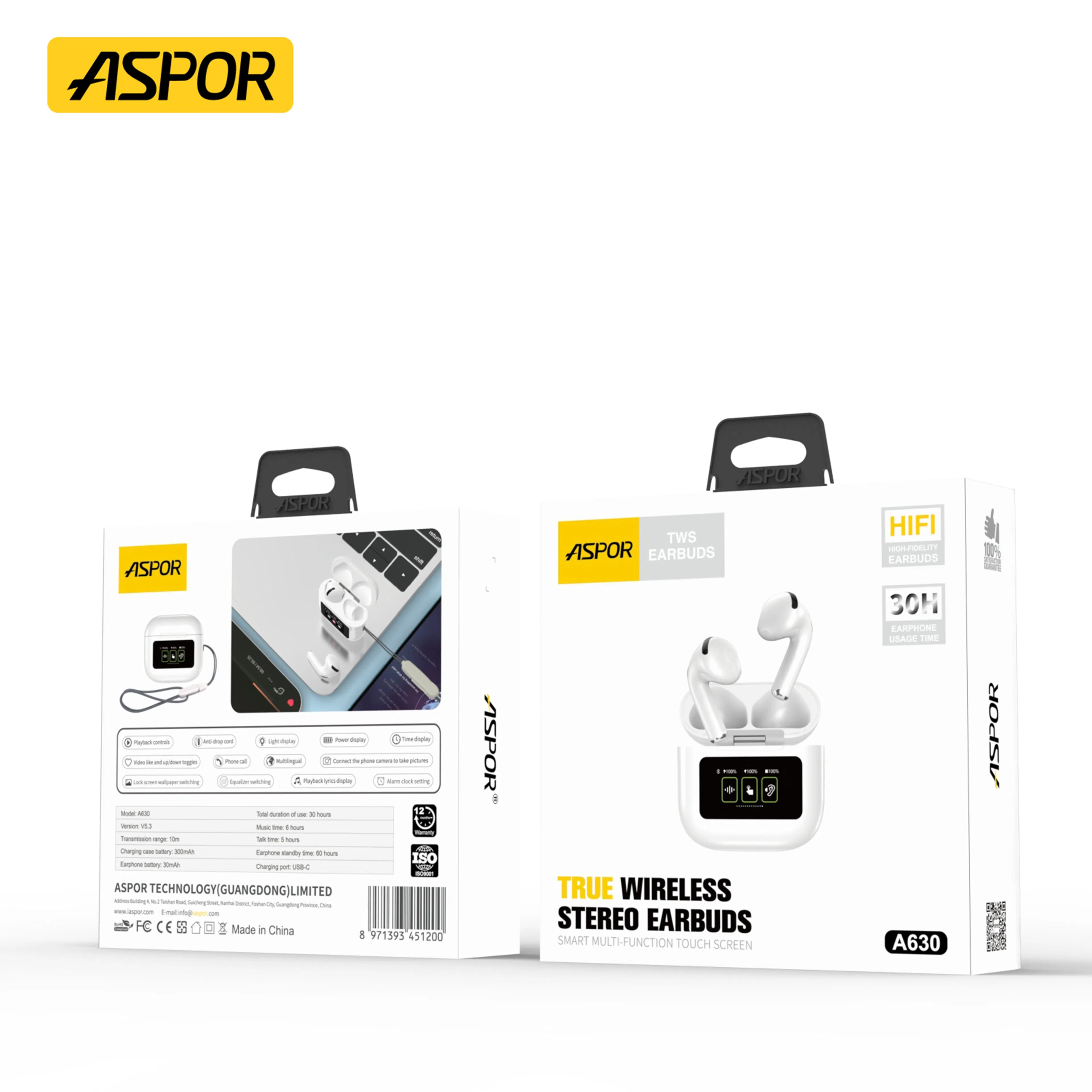 Наушники ASPOR A630 TWS Bluetooth 5.3, защита от воды