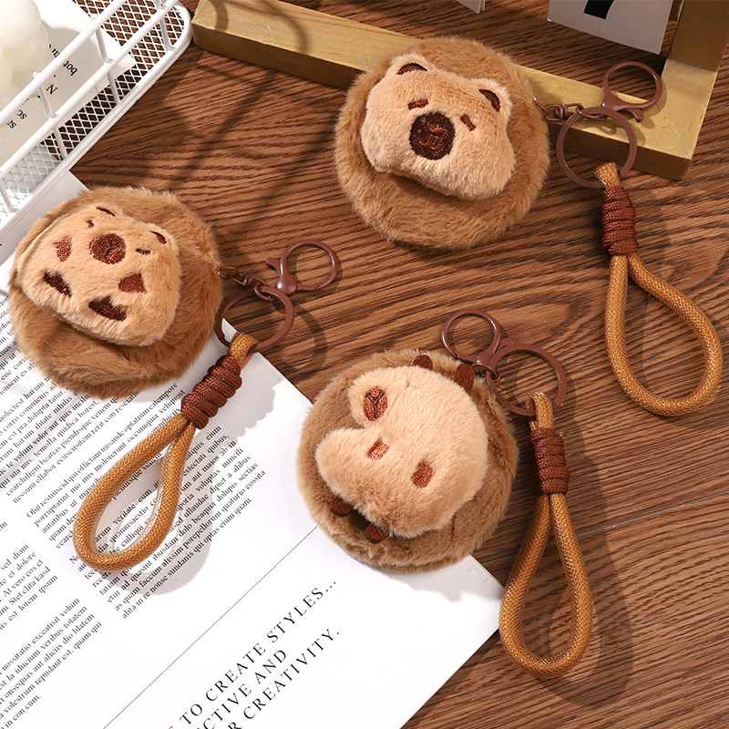 70mm Round Plush Makeup Mirror Keychain Double-Sided Pocket Mirror for Gifts