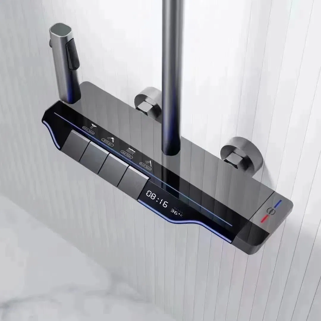 Gun Grey Piano Digital Shower Set Intelligent Bathroom Mixer Brass Faucets Hot Cold Waterfall Tap Rainfall Gray Shower System