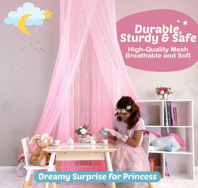 Princess Canopy Bed for Girls Pink Bed Canopy with Glowing Star Kids Canopy Bed for King Queen Twin Size Bed Mosquito Net Canopy