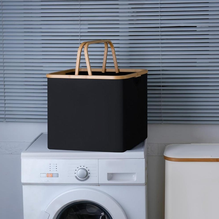 Linen Laundry Basket with Bamboo Handles for Home Bathroom Bedroom Organization