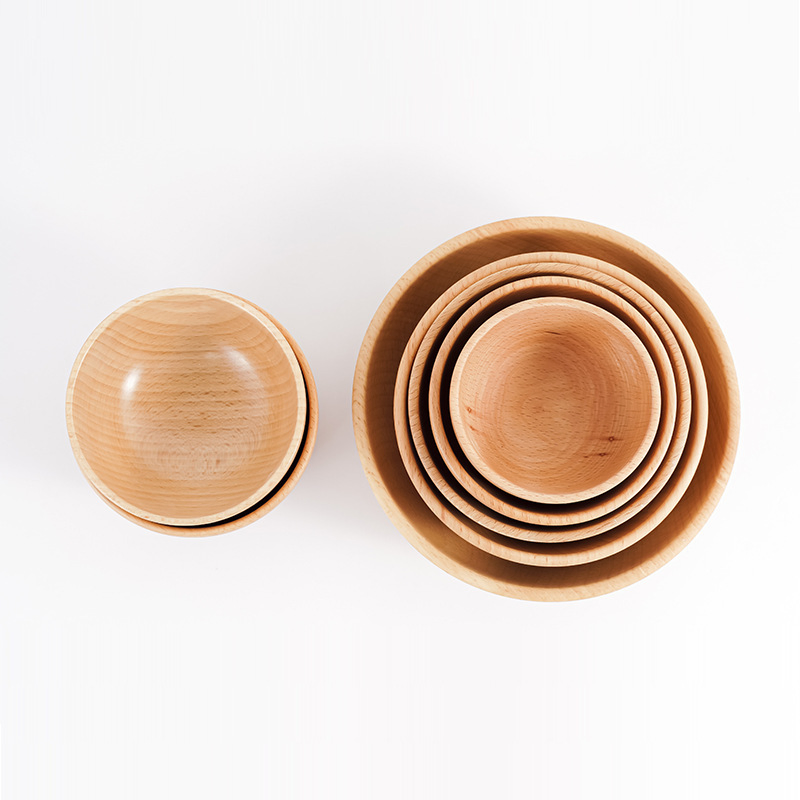 Creative Beech Solid Color Family Wooden Round Salad Bowl