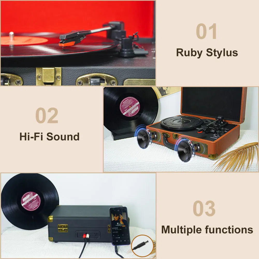 Luxury Leather Suitcase Hi-Fi Stereo Bluetooth 5.0+ Wireless Speaker Turntable Player Phonograph Vinyl Record Player
