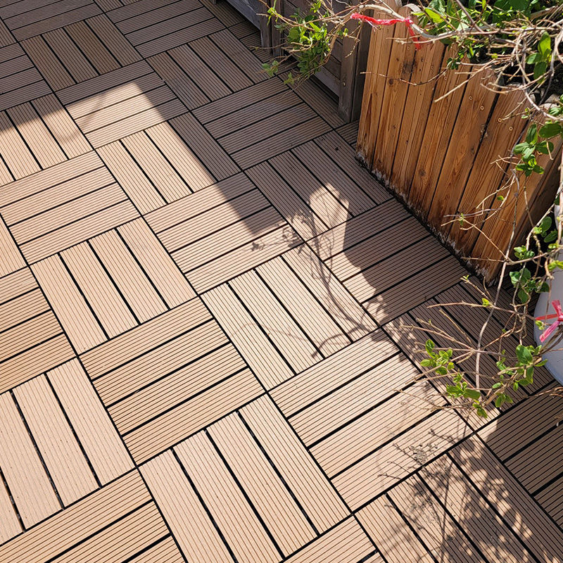 Wood Plastic Interlocking Flooring Tiles 4-Slats Straight Pattern Interlocking Deck Tiles for Patio, Balcony, Porch, Backyard