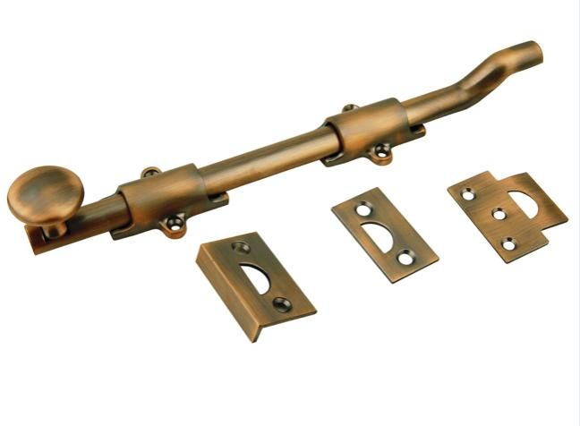 Solid Brass Surface Bolt with Universal and Mortise Strike, 2 Guide