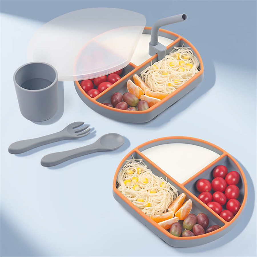 Silicon Plate Silicone Divided Suction Plate with Lid for Baby Kids Toddlers