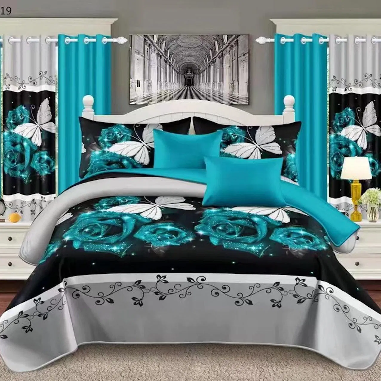 Grey Floral Printing Polyester Bed Cover Curtains Pillowcases 11PCS Bedding Set Microfiber Home Hotel Textile ODM/OEM Plant Quilted Bed Sheets Bedspread