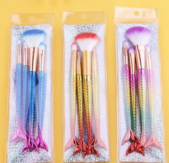 Makeup Brush Soft Fur Mermaid Set Nylon Hair 4 PVC Bags