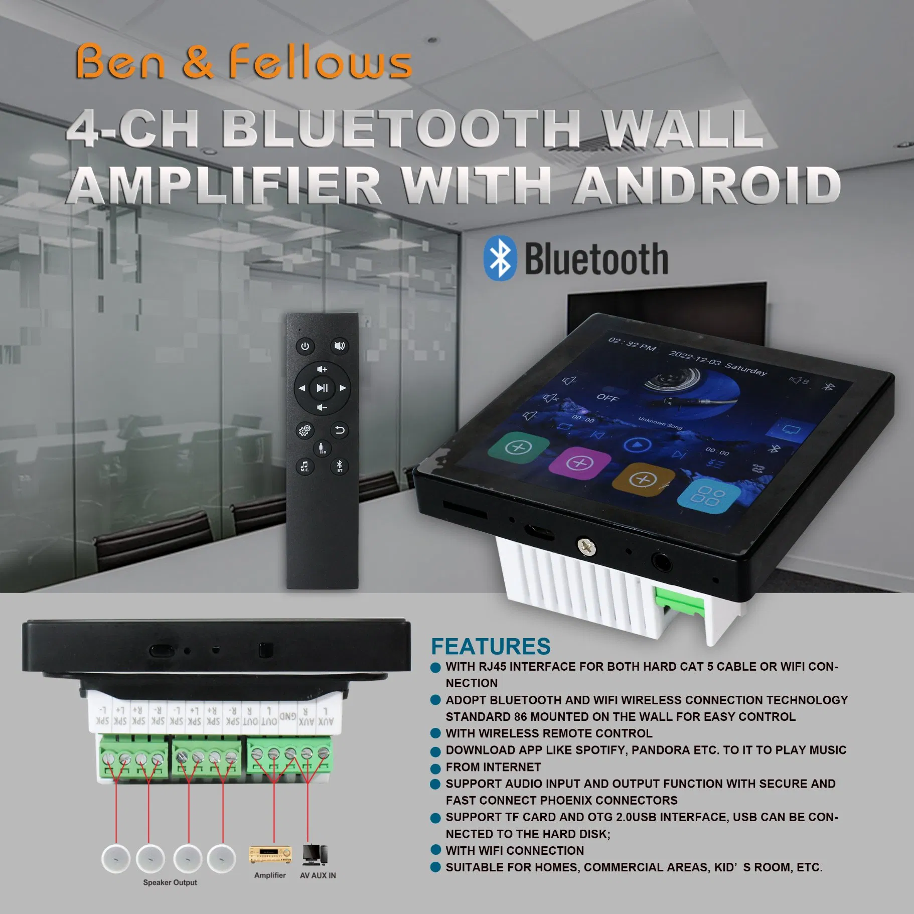 Android 10.0 Smart Home Theatre 4 Channel Bluetooth Wall Amplifiers with 4 Inch Touch Screen WiFi Wall Amplifier