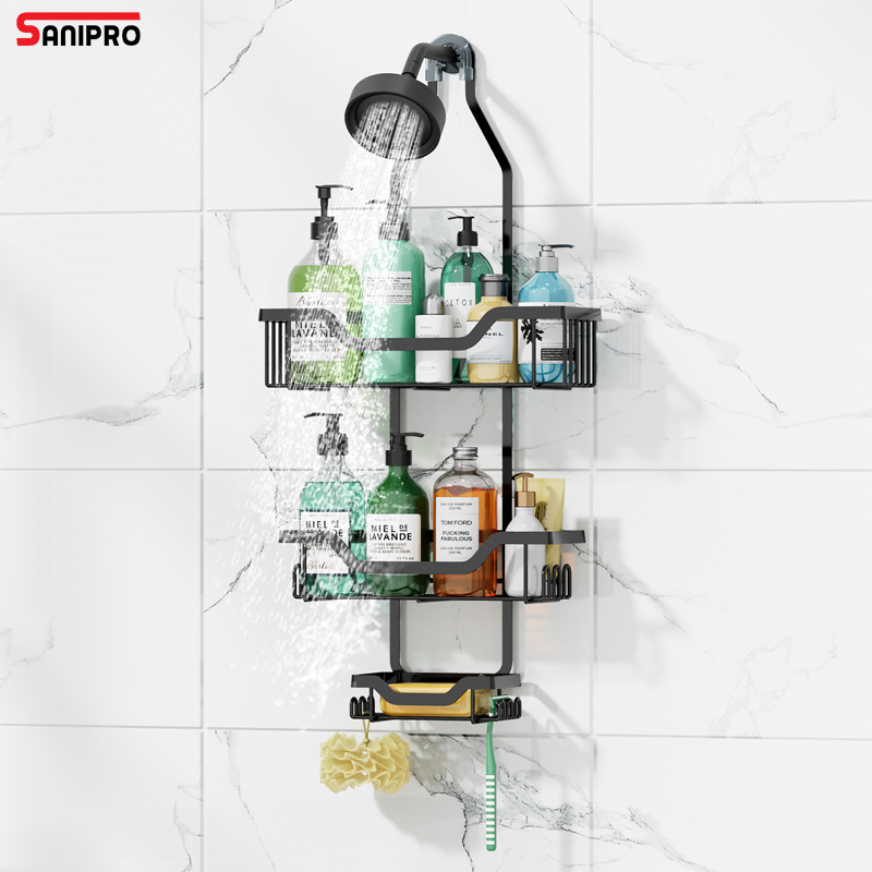Sanipro Anti-Swing Hanging Shower Caddy Over Head Rustproof 3 Tiers Bathroom Shelves Organizer with Hooks Soap Holder