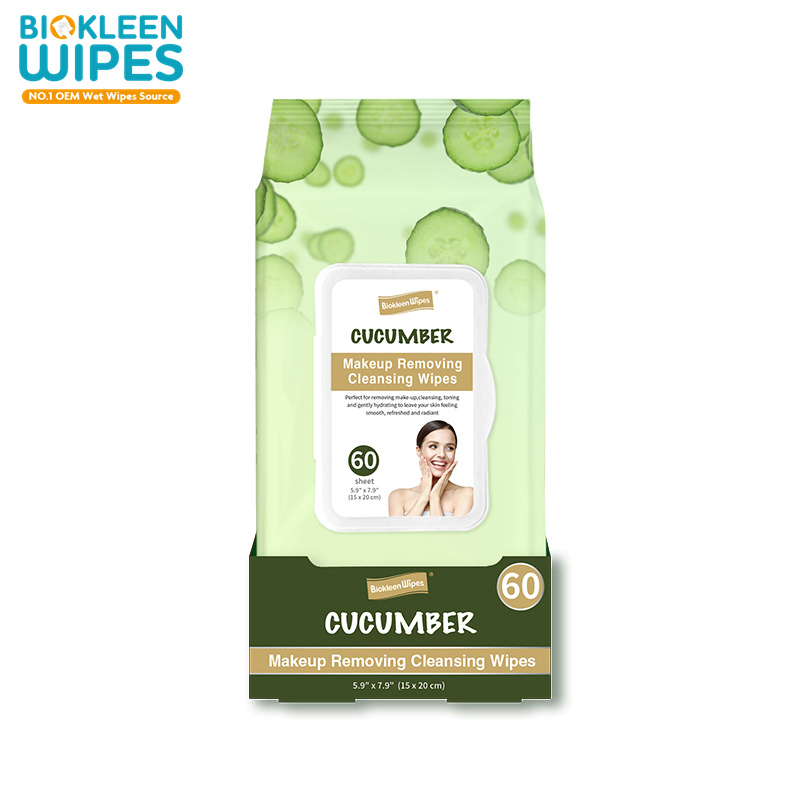 Biokleen OEM Free Sample 60CT 15X20cm Cucumber Makeup Removing Cleansing Face Wipes Makeup Remover Facial Cleansing Cloth Wipes