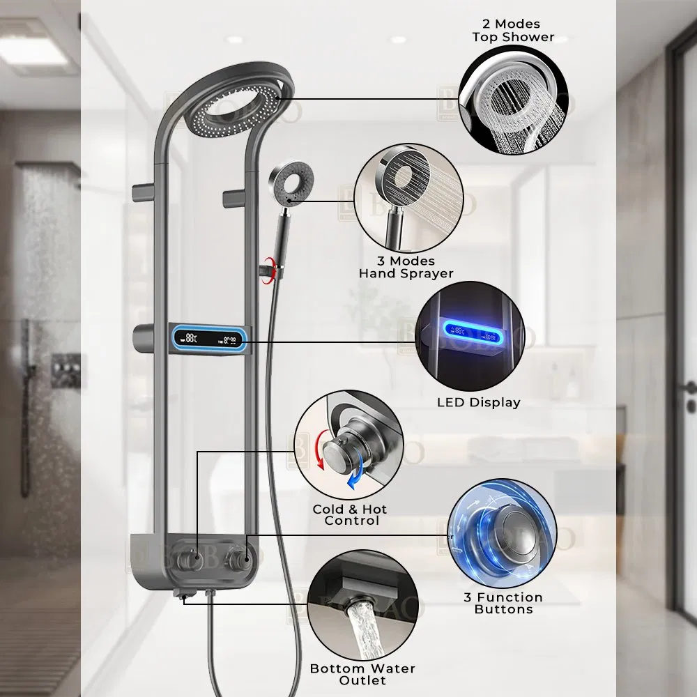 Bathroom Gun Grey Stainless Steel LED Digital Display Shower Panel