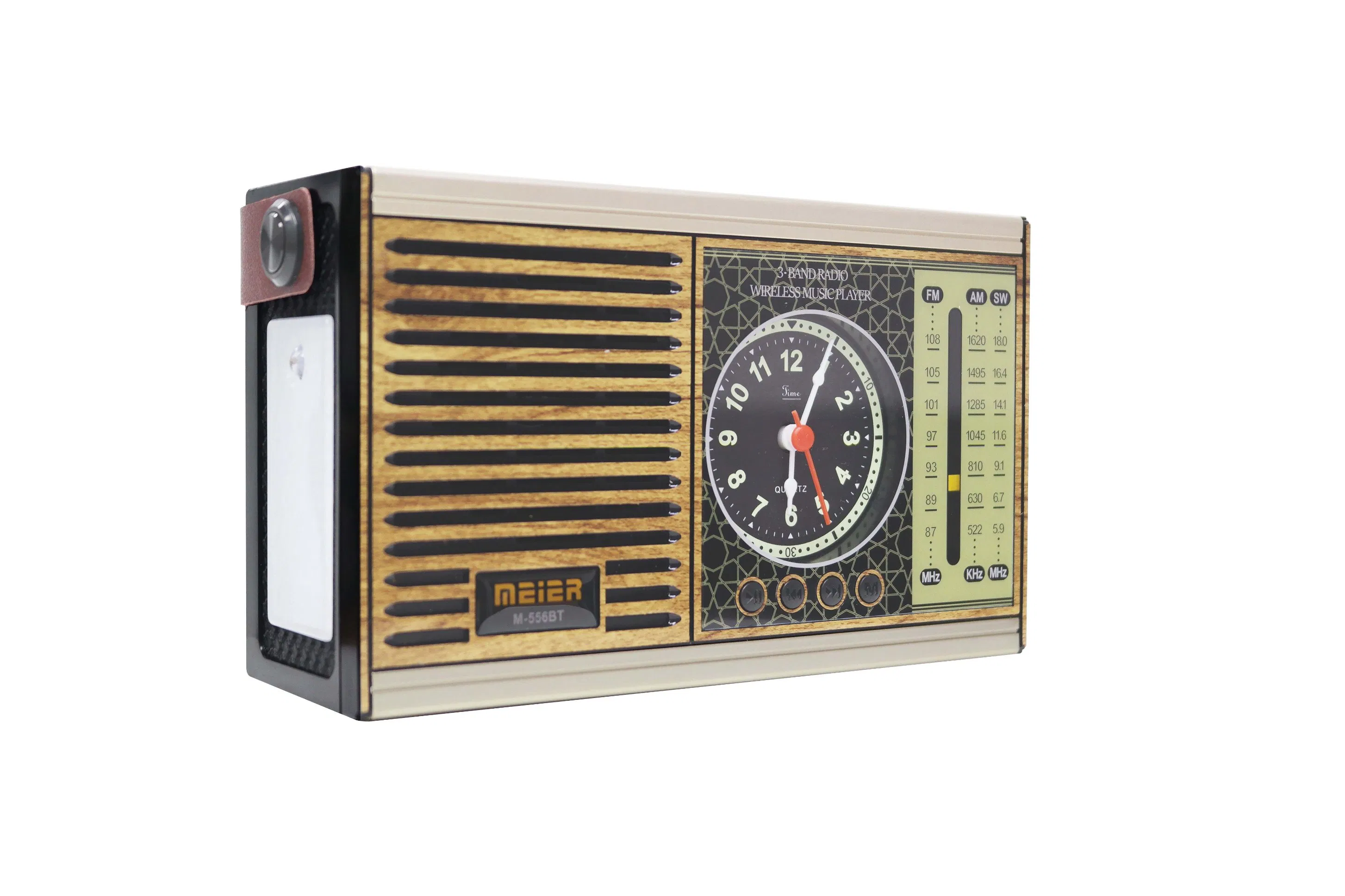 Portable 3-Band Am FM Sw Radio, TF Card and MP3 Player, Rechargeable Speaker, Bluetooth Retro Design Clock Meier M-556bt