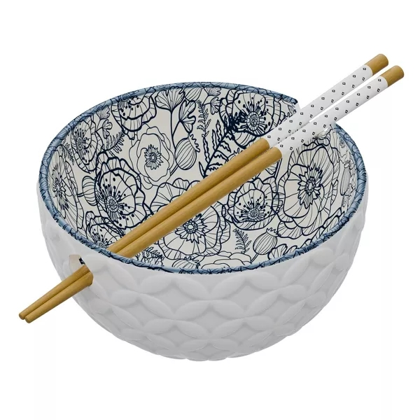 Flower Printing Korean Noodle Bowl with Chopsticks