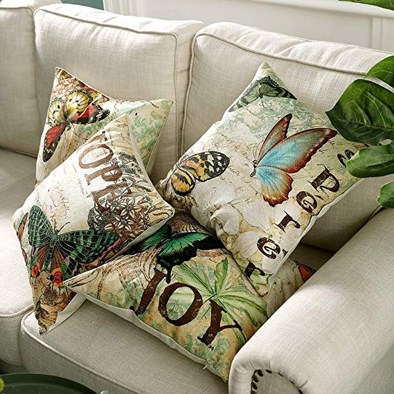 Butterfly Printing Cushion European Style Linen Fabric 100% Polyester