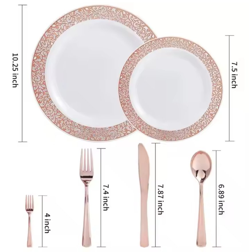 Elegant 10.25 Inch Dinner Plastic Plates with Gold Silver Rim Disposable Plates Knives Fork Spoon Wedding Christmas Dinner