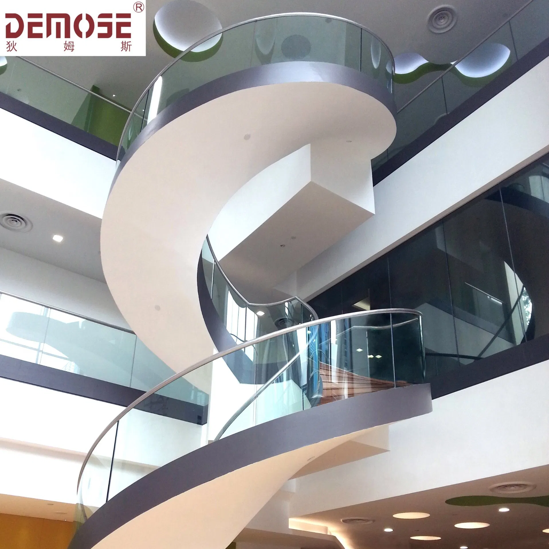 Factory Direct Sale Wooden Glass Baffle Stainless Steel Handrail Spiral Staircase (DMS-1051)