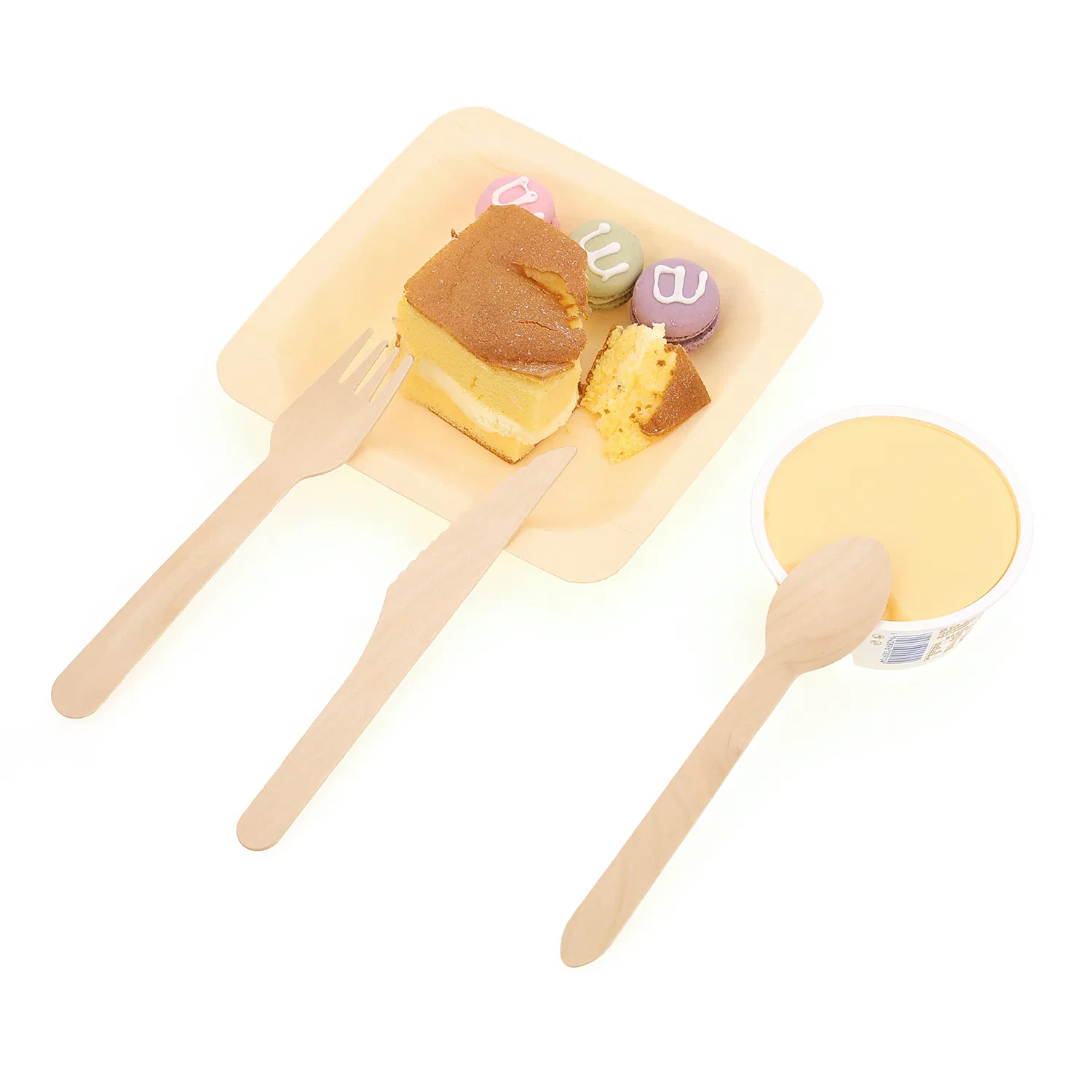 Custom Natural Biodegradable Disposable Wedding Hotel Restaurant Ice Cream Coffee Cake Bamboo Birch Wooden Utensil Knife Fork Spoon Napkin Set Tableware Cutlery