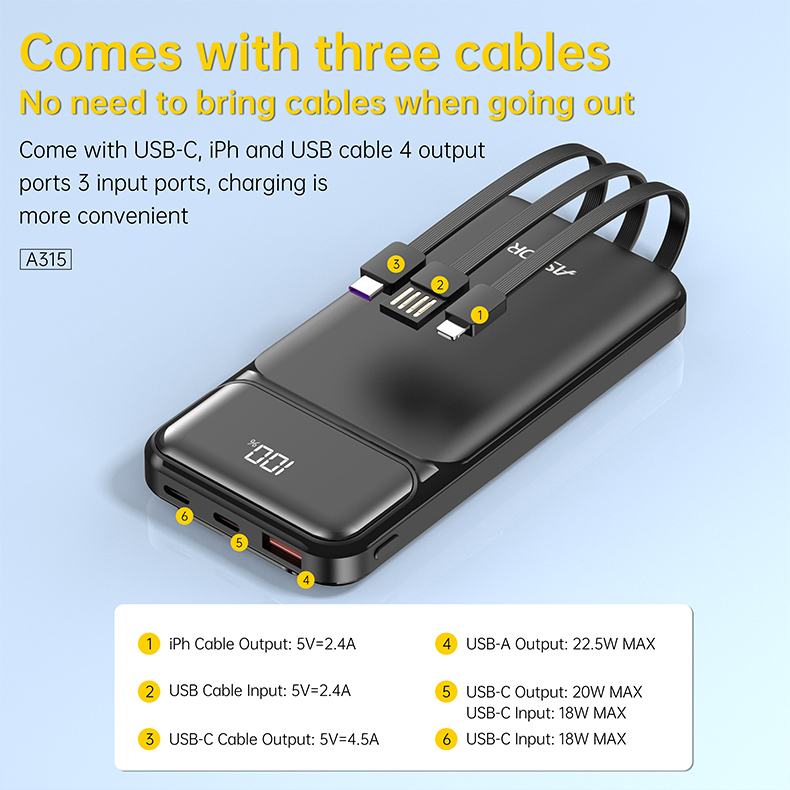 Aspor A315 Fast Charging 10000mAh Power Banks Built-in Micro/Type-C/Lighting USB Cables