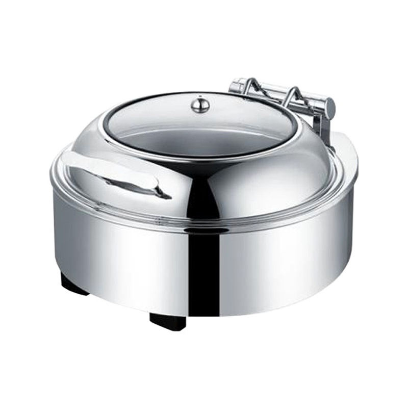 Stainless Steel Electrolytic Luxury Roll Top Glass Lid Round Chafing Dish for Sale with Fuel Holder