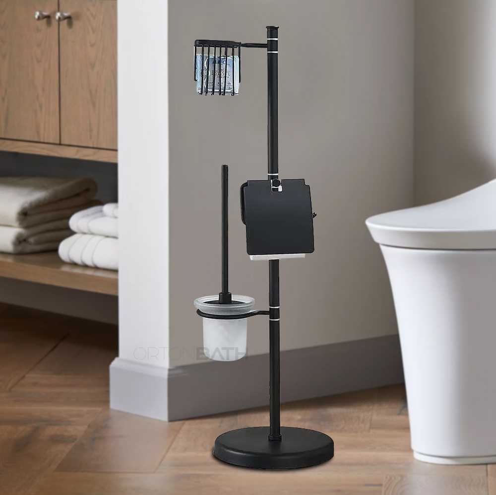 Ortonbath Toilet Paper Holder Stand with Top Storage Shelf Basket, Free Standing Toilet Roll Dispenser for Bathroom with Toilet Brush Holder