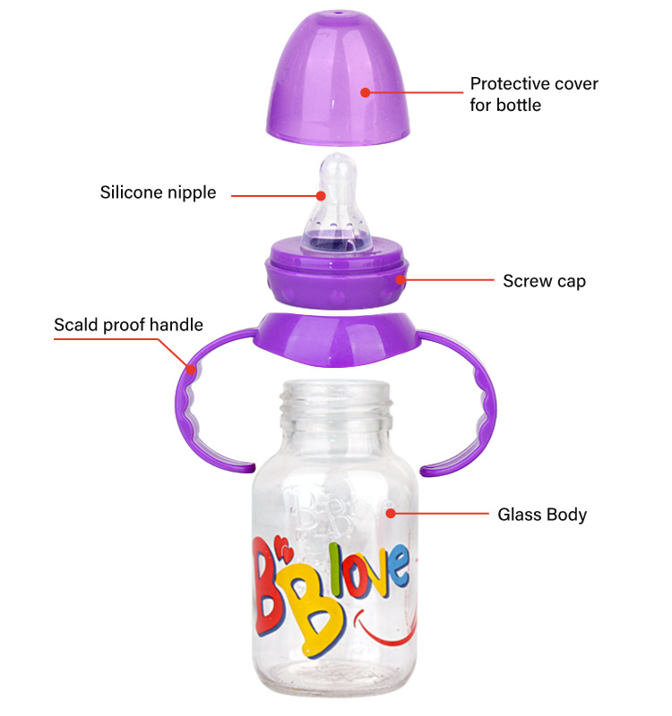 120ml Glass Feeding Baby Bottle with Silicone Nipple Glass Feeding Bottle Wholesale