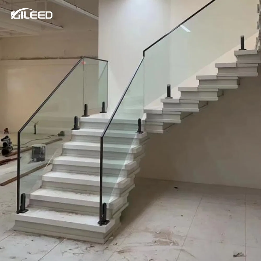 Customized Indoor U-Shape Structure Staircase with Tempered Glass Railing
