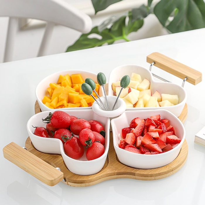 Appetizer Serving Tray with Bamboo Holder Ceramic Divided Platter with Food Picks