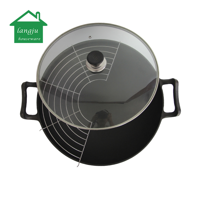 Чугунный вок с крышкой, предварительно прокаленный