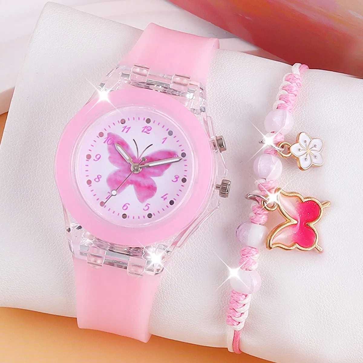 Pink Girl Gift Quartz Watch Set Butterfly Fantasy Theme Light