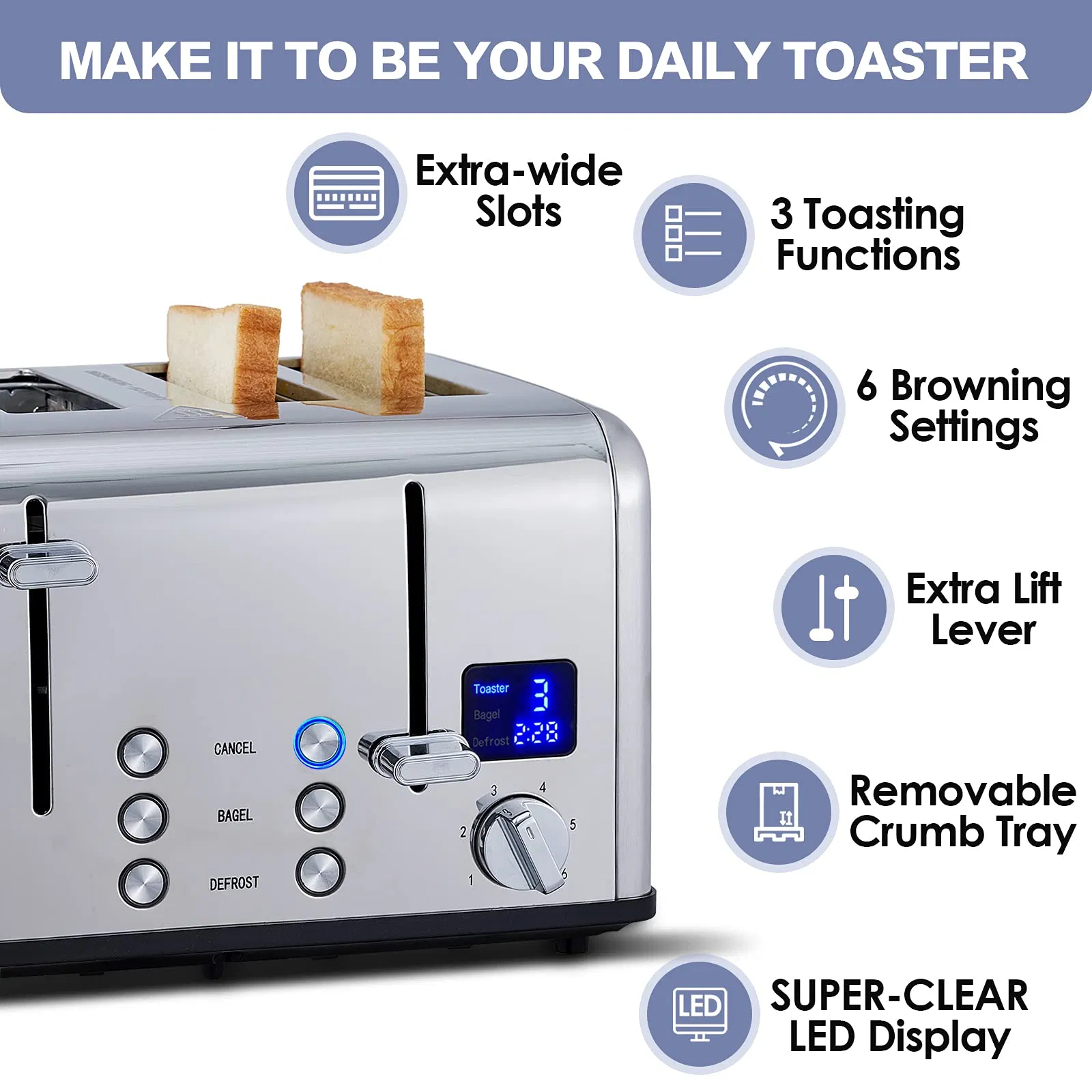 Factory Price 6 Shade Settings 4 Slice Stainless Steel Bread Toaster