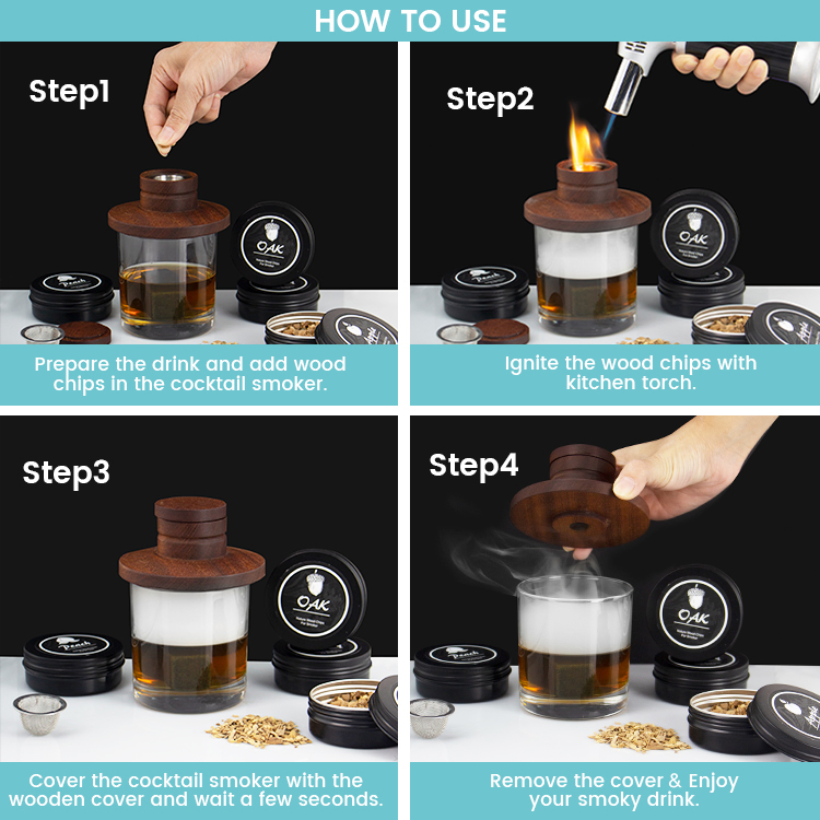 Shunstone Custom Cocktail Whiskey Smoker Kit with Torch Wood Chips Reusable Ice Ball Bar Accessories in Wooden Gift Box