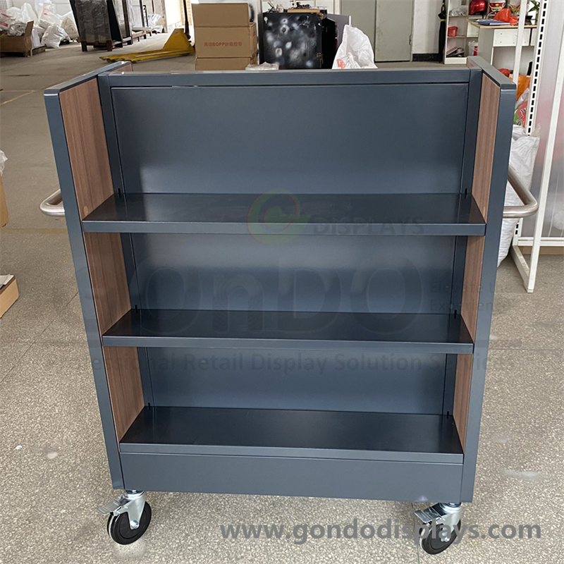 Double Sided Wood Metal Retail Store Fixture Book Trolley Wooden Display Cart