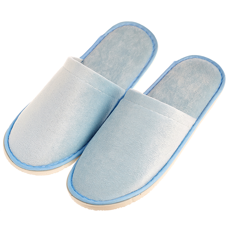 Wholesale Custom High Quality Cheap Blue Velvet Hotel Bedroom SPA Guest Disposable Closed Toe Slippers with Logo
