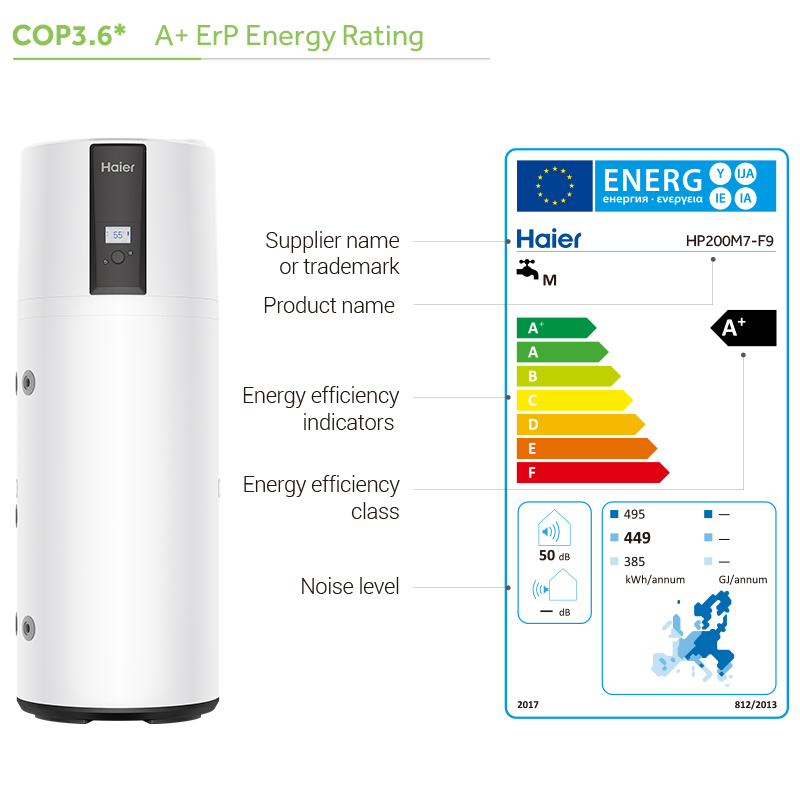 Haier a+ High Efficiency R290 Full DC Inverter 185L Air Source to Water Heat Pump Water Heater for Home Use